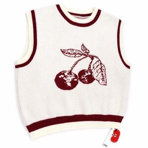 Cherry Knit Sweater Vest Cream Burgundy Cottagecore Preppy NWT